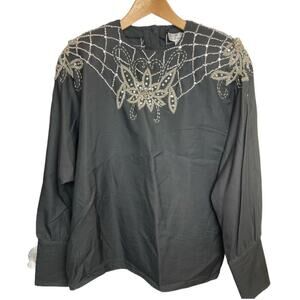 Vntg Bonnie Boerer Black Silk Blend Beaded Blouse
